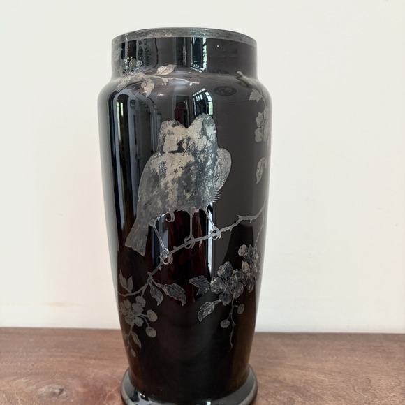 Vintage Czech Black Glass Etched Vase – Birds & Floral – Art Deco Style Moody - Picture 2 of 12